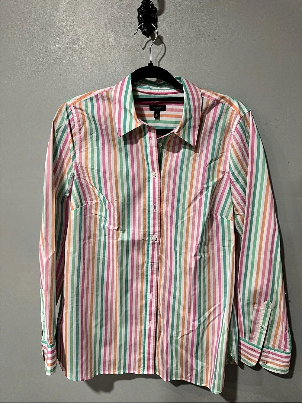 Talbots Striped Button Down Shirt in Pink & Green M Like New